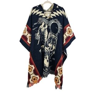Wolf Pack Wool Blend Blanket Fringe Hooded Poncho